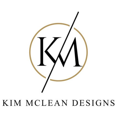 A square logo for Kim Mclean Designs, featuring a circular emblem with the initials 'KM' and a diagonal line, above the text 'KIM MCLEAN DESIGNS' on a black background.