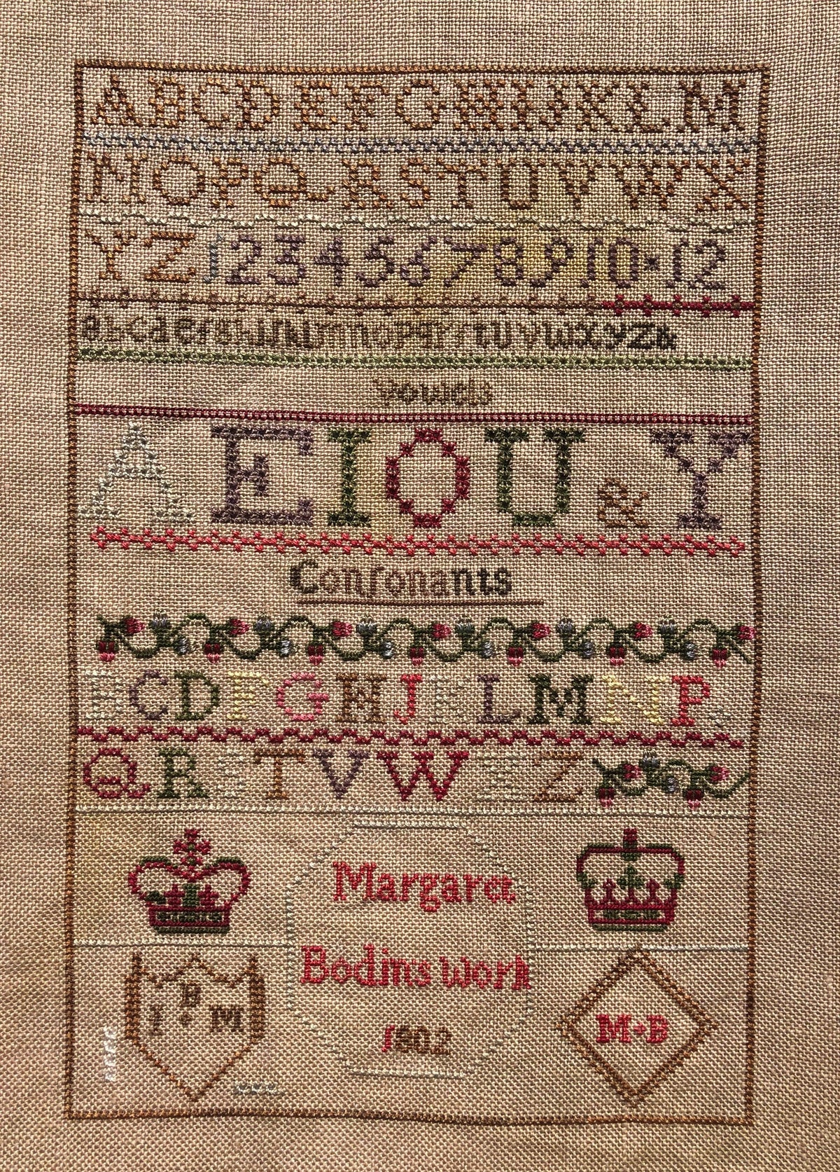 Margaret Bodin 1802 'The Vowel Sampler' - Sovereign Samplers