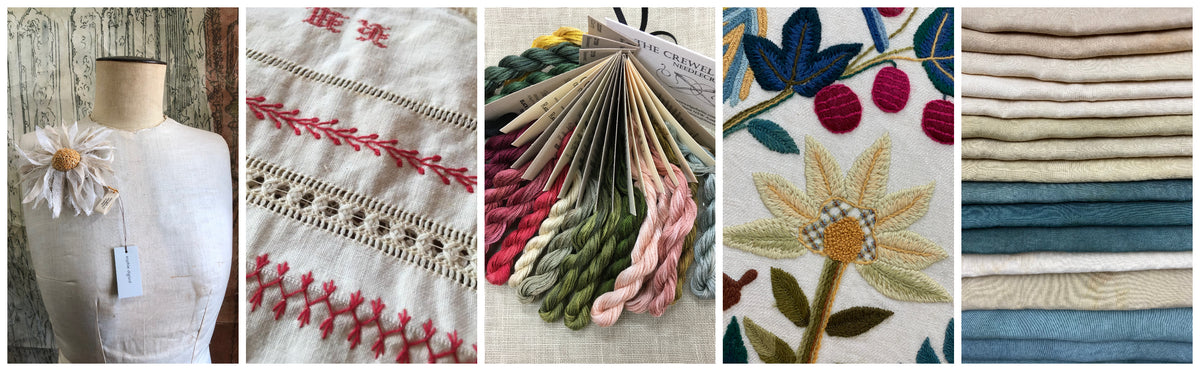Collage of needlework products: white linen garment, embroidered textile with red stitching, thread color palette, detailed floral embroidery, and folded fabric swatches