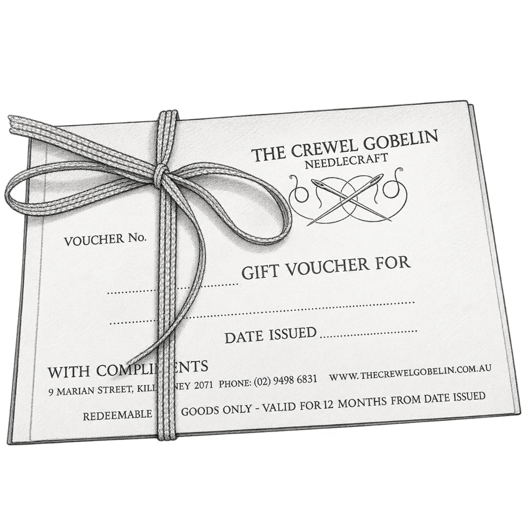 A gift voucher for 'The Crewel Gobelins Needlecraft' tied with a gray rope, shown on a clean white background.